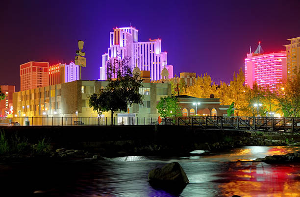 downtown reno river and buildings evening